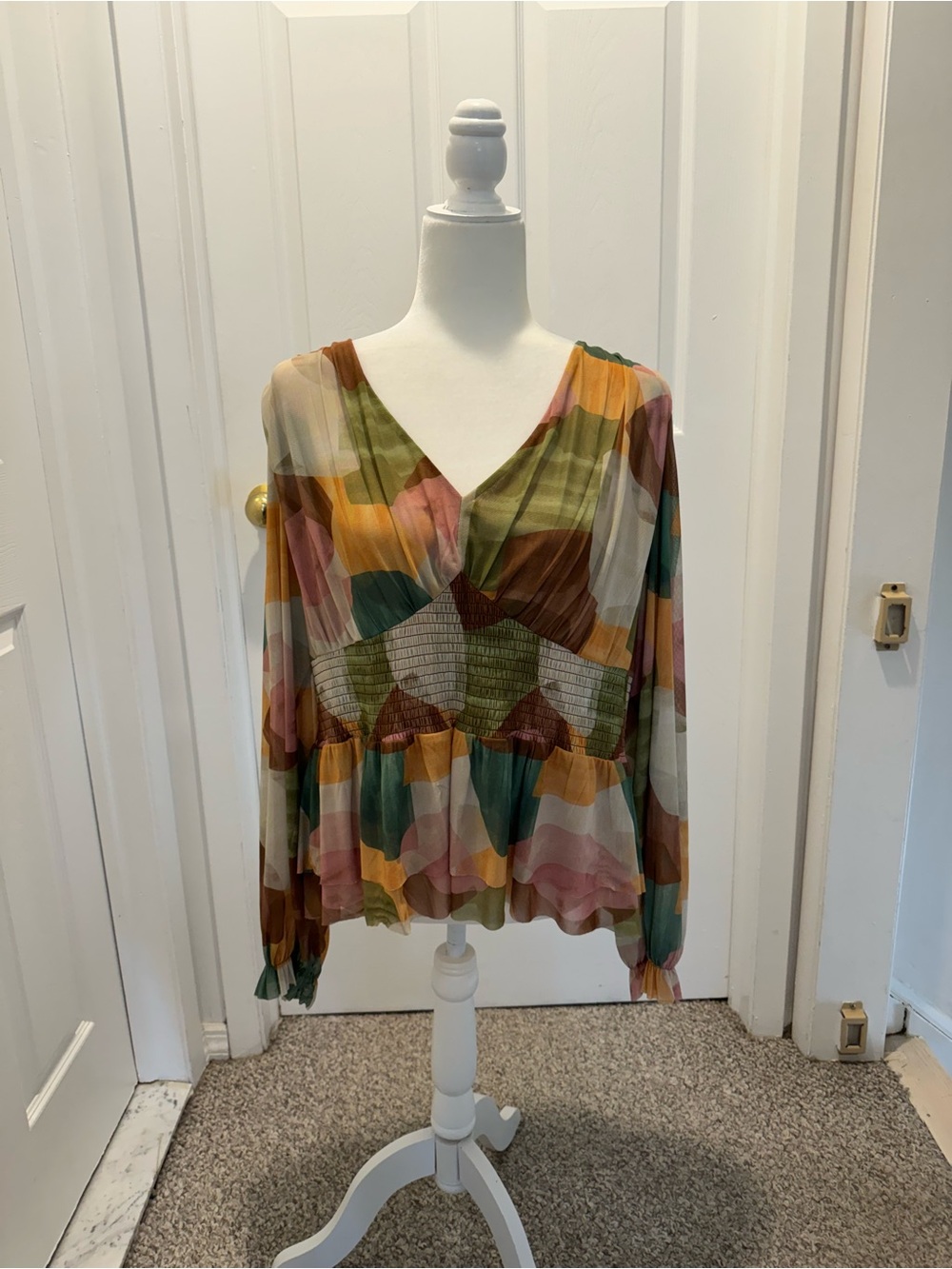 DR2 Multi-Color V-Neck Peplum Blouse with Elastic Waist